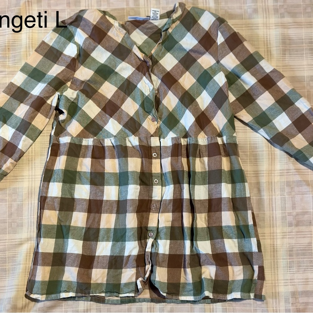 Button-Front Plaid Tunic Dress in Green, Brown & Cream